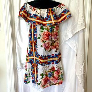 Italy made by Luisa linen ruffle off shoulders floral print dress